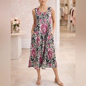 Chico’s Sleeveless Swing Dress Pink Olive Abstract‎ Print Pockets US 4